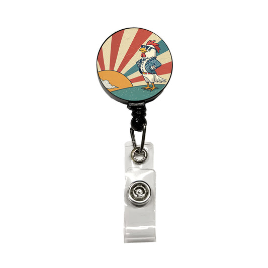 Cool Rooster Chicken Wearing Sunglasses Retro Illustration Retractable ID Key Card Name Tag Badge Holder with Clip
