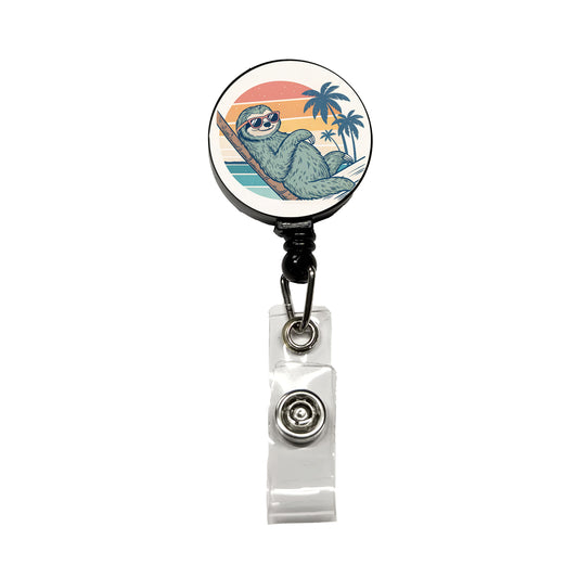 Cool Sloth Wearing Sunglasses Retro Illustration Retractable ID Key Card Name Tag Badge Holder with Clip