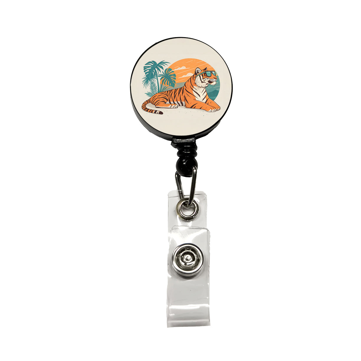 Cool Tiger Wearing Sunglasses Retro Illustration Retractable ID Key Card Name Tag Badge Holder with Clip
