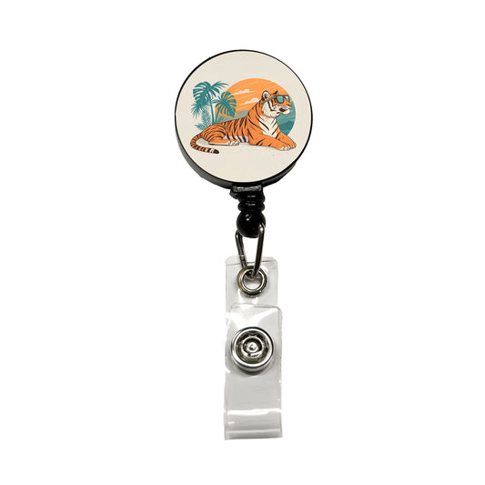 Cool Tiger Wearing Sunglasses Retro Illustration Retractable ID Key Card Name Tag Badge Holder with Clip
