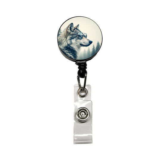 Cool Wolf Wearing Misty Woods Retractable ID Key Card Name Tag Badge Holder with Clip