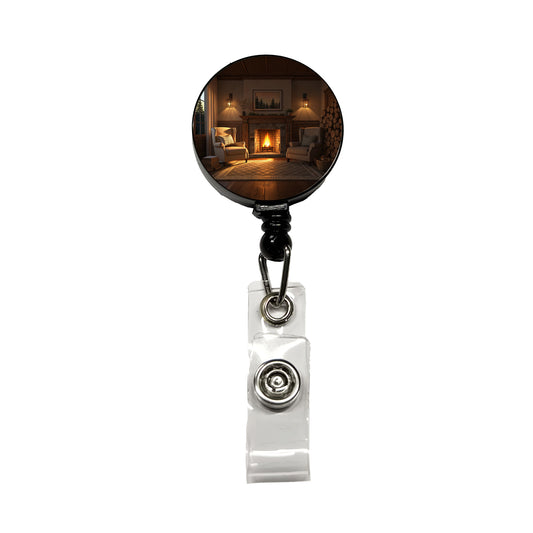 Cozy Fireplace Scene Retractable ID Key Card Name Tag Badge Holder with Clip