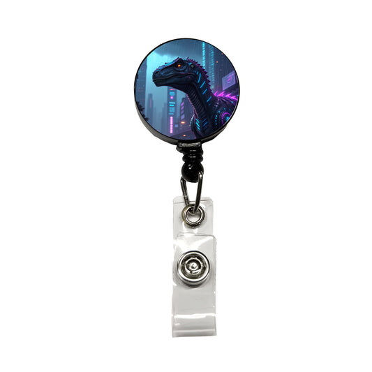 Cyberpunk Dinosaur In City Retractable ID Key Card Name Tag Badge Holder with Clip
