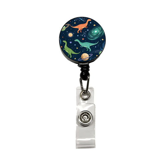 Dinosaurs Floating In Space Galaxy Retractable ID Key Card Name Tag Badge Holder with Clip