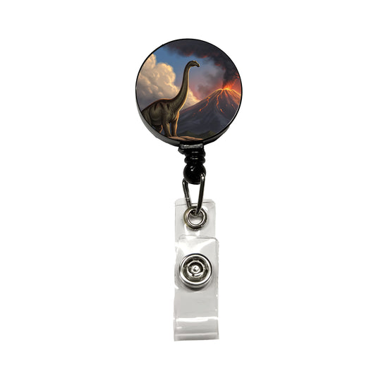 Diplodocus Volcano Erupting Dinosaur Retractable ID Key Card Name Tag Badge Holder with Clip