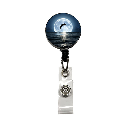 Dolphin Leaping Over Ocean Glowing Moon Retractable ID Key Card Name Tag Badge Holder with Clip