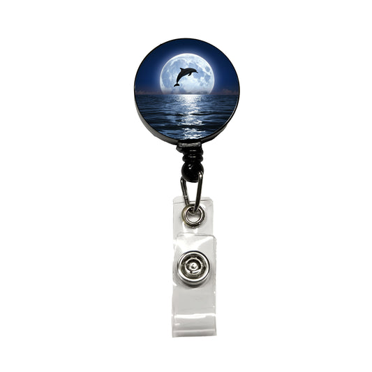 Dolphin Leaping Over Ocean Sea Full Moon Retractable ID Key Card Name Tag Badge Holder with Clip