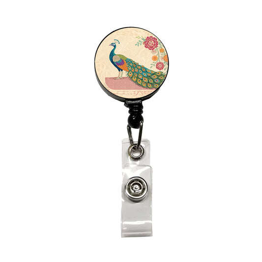 Elegant Peacock Flowers Retractable ID Key Card Name Tag Badge Holder with Clip
