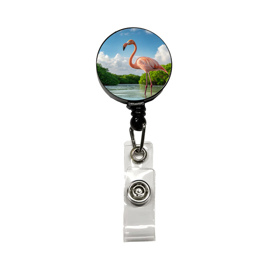 Flamingo Bird Standing In Water Retractable ID Key Card Name Tag Badge Holder with Clip