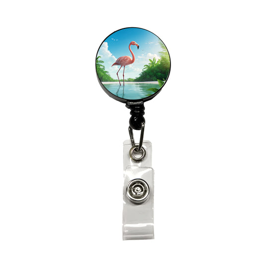 Flamingo Pink Bird In Water Retractable ID Key Card Name Tag Badge Holder with Clip