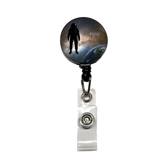 Floating Astronaut Silhouette Earth Space Retractable ID Key Card Name Tag Badge Holder with Clip