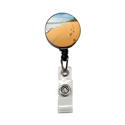 Footprints In The Sand Barefoot Beach Ocean Retractable ID Key Card Name Tag Badge Holder with Clip