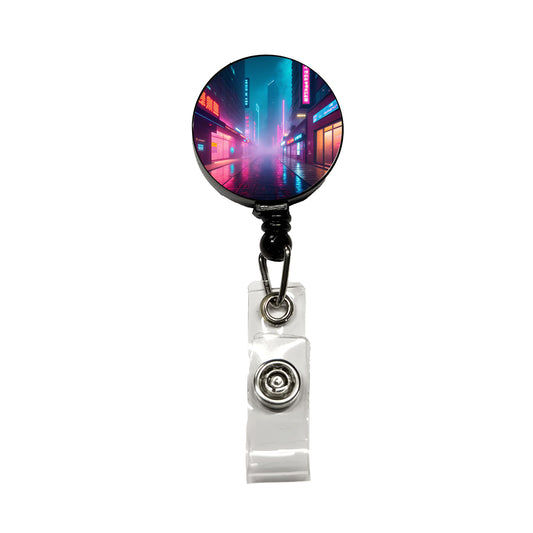Futuristic City Alley Night Glowing Signs Misty Retractable ID Key Card Name Tag Badge Holder with Clip