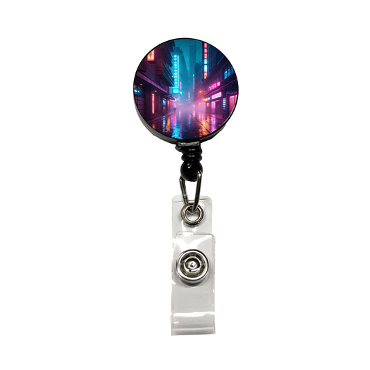 Futuristic City Alley Night Glowing Signs Retractable ID Key Card Name Tag Badge Holder with Clip