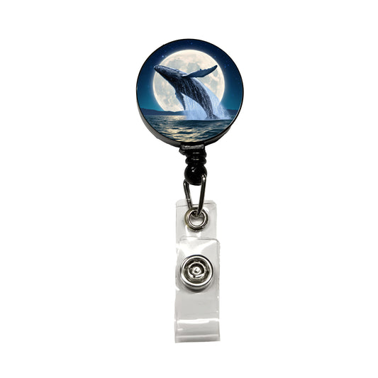 Giant Whale Leaping Over Ocean Moon Retractable ID Key Card Name Tag Badge Holder with Clip