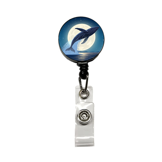 Giant Whale Leaping Over Ocean Night Retractable ID Key Card Name Tag Badge Holder with Clip