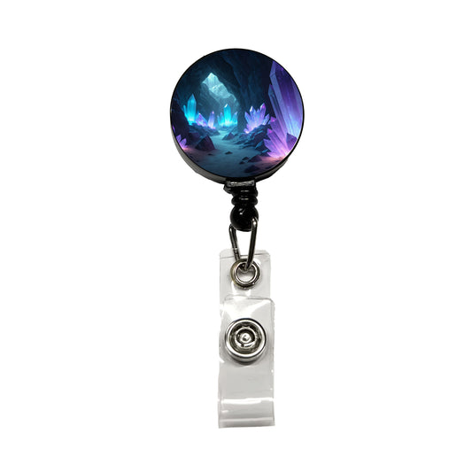 Glowing Crystals Dark Cavern Cool Hues Retractable ID Key Card Name Tag Badge Holder with Clip