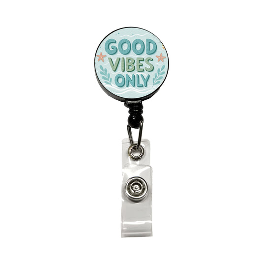 Good Vibes Only Sea Foam Ocean Beach Retractable ID Key Card Name Tag Badge Holder with Clip