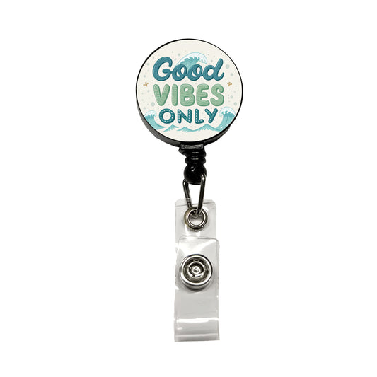 Good Vibes Only Sea Foam Ocean Waves Beach Retractable ID Key Card Name Tag Badge Holder with Clip