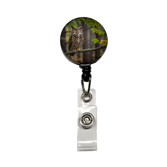 Great Horned Owl In Forest Retractable ID Key Card Name Tag Badge Holder with Clip
