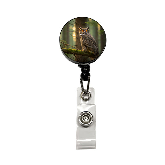 Great Horned Owl On Branch Retractable ID Key Card Name Tag Badge Holder with Clip
