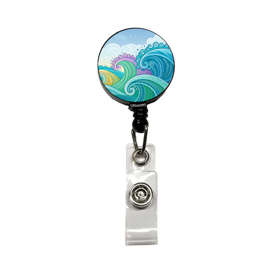 Groovy Ocean Waves Retractable ID Key Card Name Tag Badge Holder with Clip