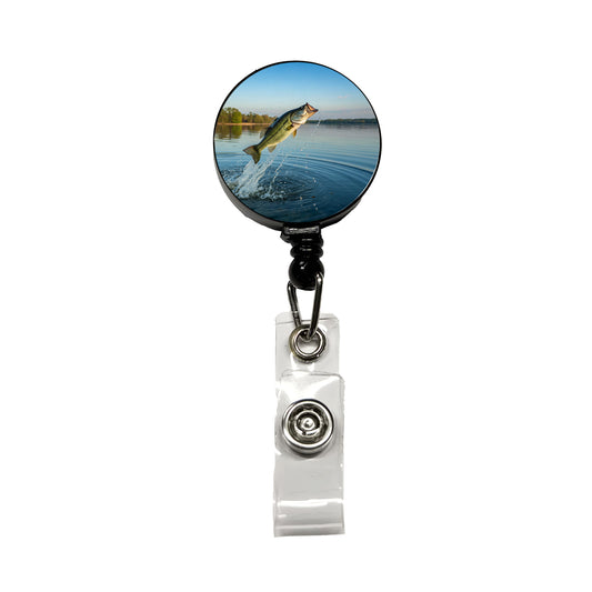 Largemouth Bass Fish Jumping Fishing Retractable ID Key Card Name Tag Badge Holder with Clip