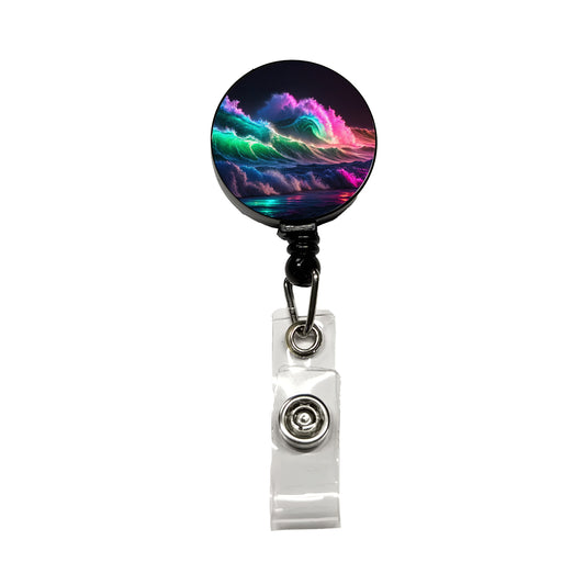 Neon Ocean Waves Beach Retractable ID Key Card Name Tag Badge Holder with Clip