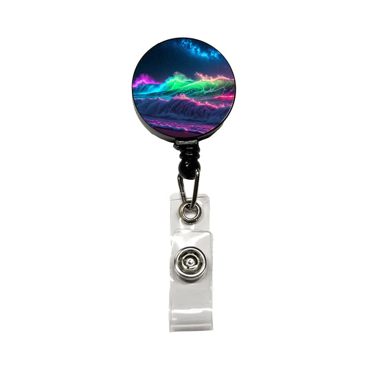 Neon Ocean Waves Night Retractable ID Key Card Name Tag Badge Holder with Clip