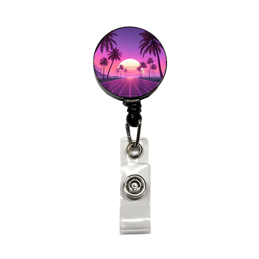 Neon Pinks Purples Palm Trees Sun Setting Retractable ID Key Card Name Tag Badge Holder with Clip