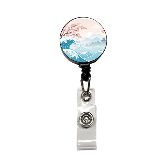 Ocean Waves Japanese Style Cherry Blossoms Retractable ID Key Card Name Tag Badge Holder with Clip