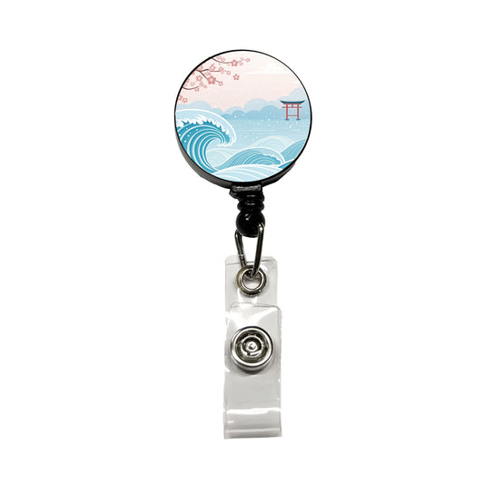 Ocean Waves Japanese Style Drawing Cherry Blossoms Retractable ID Key Card Name Tag Badge Holder with Clip