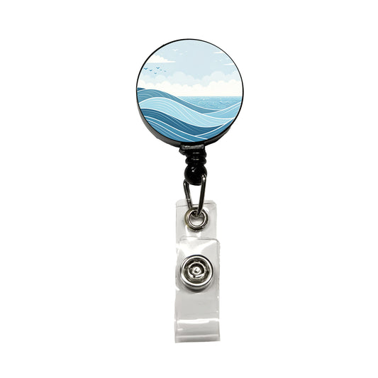 Ocean Waves Sketch Retractable ID Key Card Name Tag Badge Holder with Clip