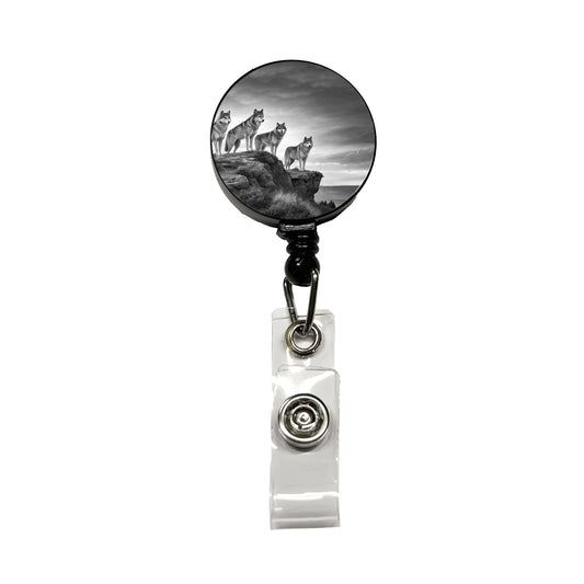 Pack Of Wolves On A Cliff Black White Retractable ID Key Card Name Tag Badge Holder with Clip