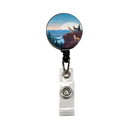Pack Of Wolves On Cliff Drawing Retractable ID Key Card Name Tag Badge Holder with Clip