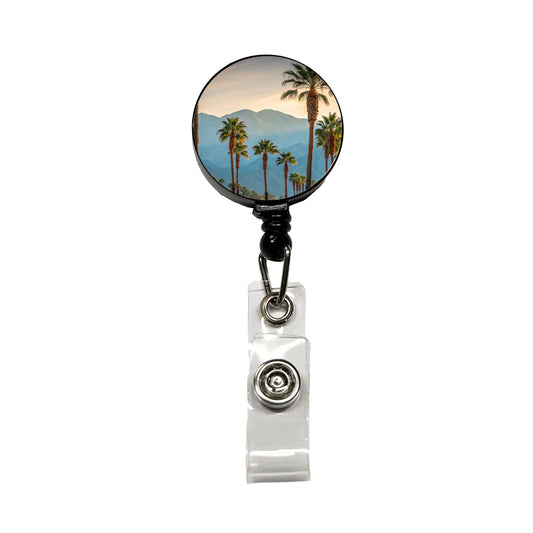 Palm Trees Mountains In Background Retractable ID Key Card Name Tag Badge Holder with Clip