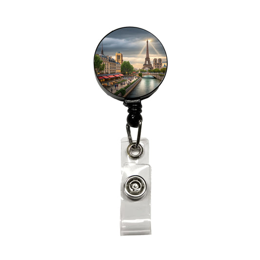 Paris France Cloudy Eiffel Tower Retractable ID Key Card Name Tag Badge Holder with Clip