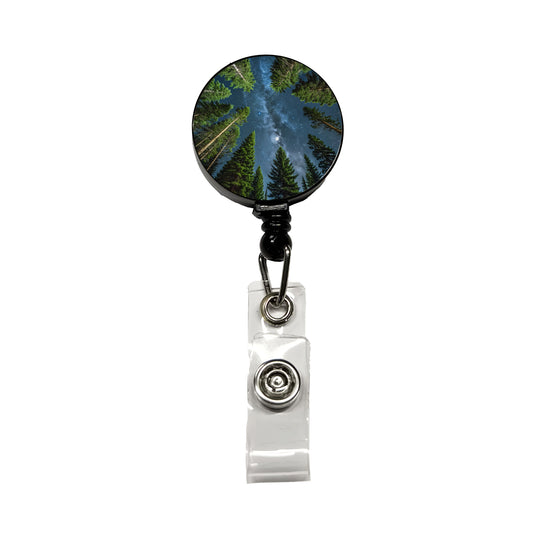 Pine Trees Looking Up Star Packed Sky Retractable ID Key Card Name Tag Badge Holder with Clip