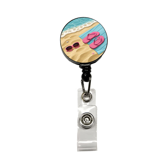 Pink Sunglasses Flip Flops Towel On Sand Beach Retractable ID Key Card Name Tag Badge Holder with Clip