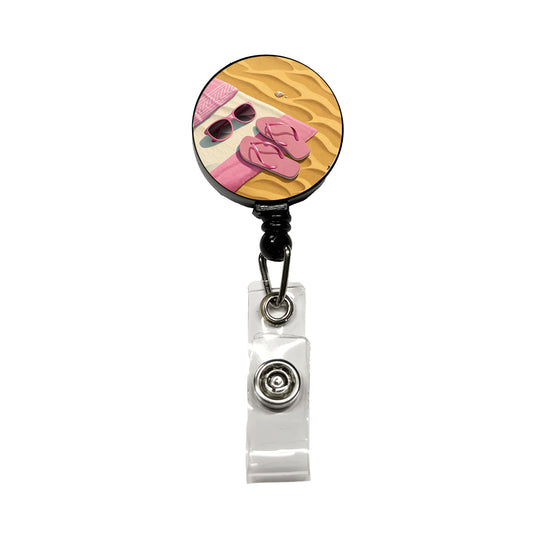 Pink Sunglasses Flip Flops Towel On Sand Cute Retractable ID Key Card Name Tag Badge Holder with Clip