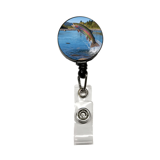Rainbow Trout Fish Jumping Fishing Retractable ID Key Card Name Tag Badge Holder with Clip