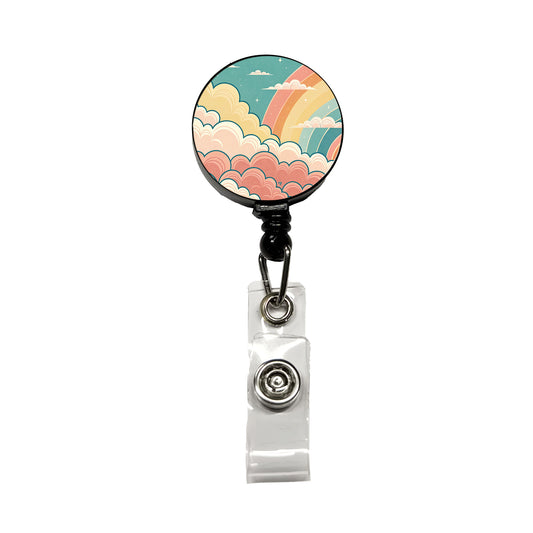 Repeating Puffy Clouds Retro Cute Rainbow Retractable ID Key Card Name Tag Badge Holder with Clip