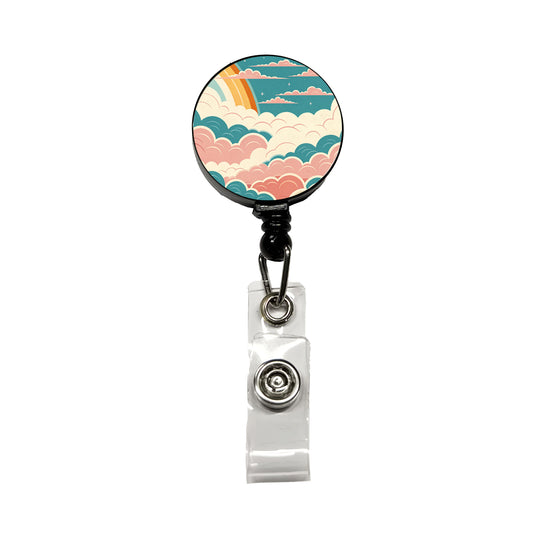 Repeating Puffy Clouds Retro Style Retractable ID Key Card Name Tag Badge Holder with Clip