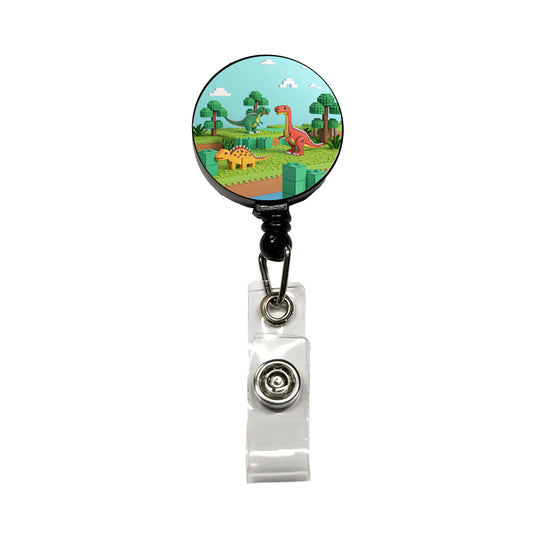 Retro 8 Bit Pixel Art Style Dinosaurs Roaming Retractable ID Key Card Name Tag Badge Holder with Clip