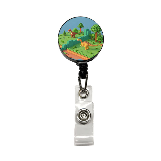 Retro 8 Bit Pixel Art Style Dinosaurs Retractable ID Key Card Name Tag Badge Holder with Clip