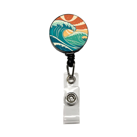 Retro Ocean Waves Colorful Drawing Retractable ID Key Card Name Tag Badge Holder with Clip