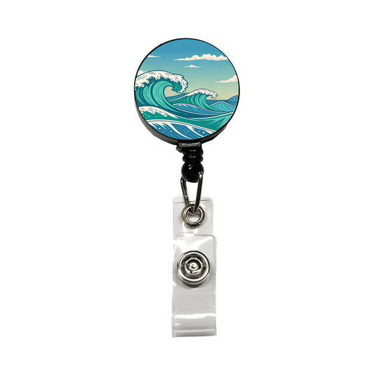 Retro Ocean Waves High Surf Retractable ID Key Card Name Tag Badge Holder with Clip