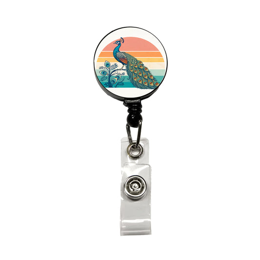 Retro Peacock Sun Retractable ID Key Card Name Tag Badge Holder with Clip