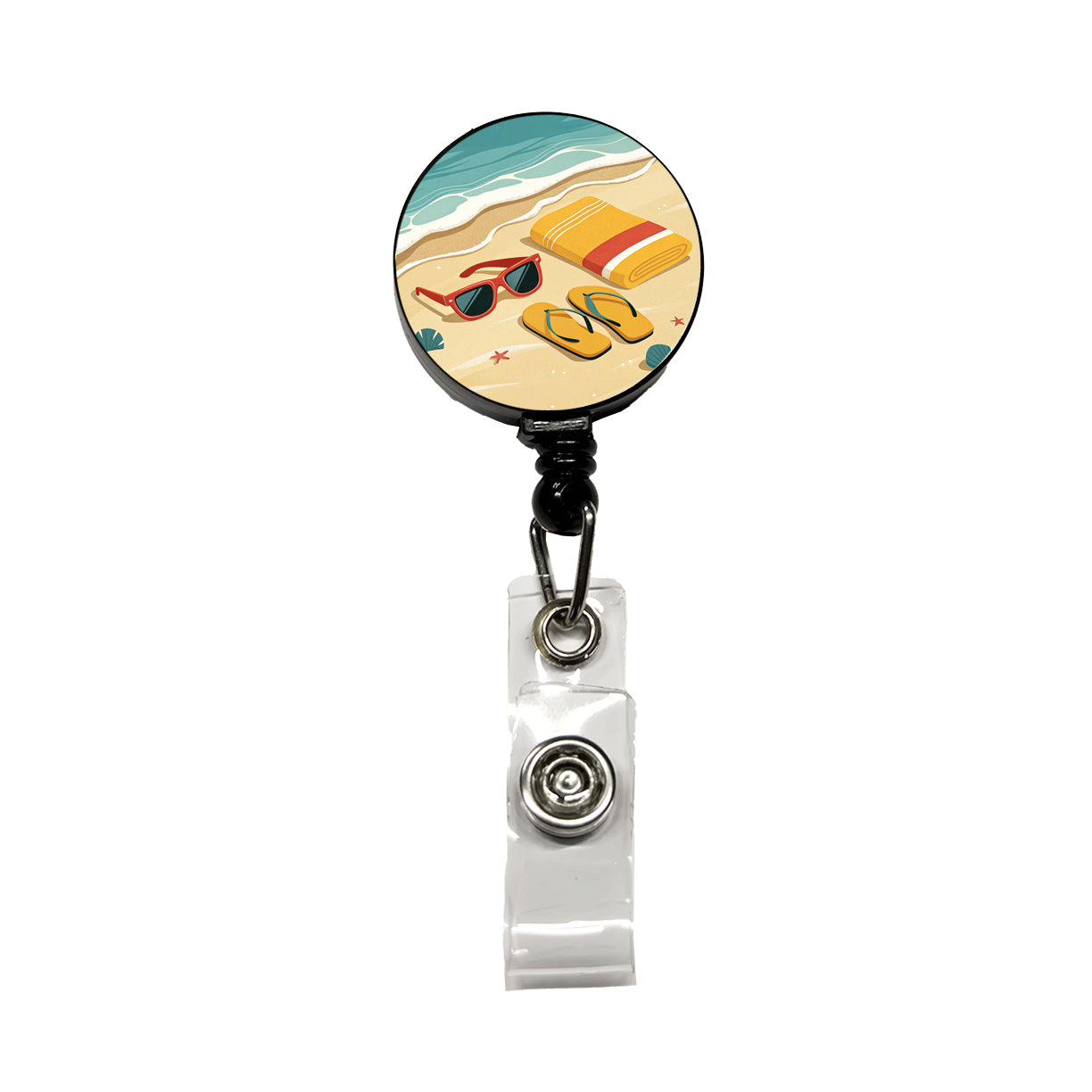 Retro Style Sunglasses Flip Flops Towel On Sandy Beach Retractable ID Key Card Name Tag Badge Holder with Clip