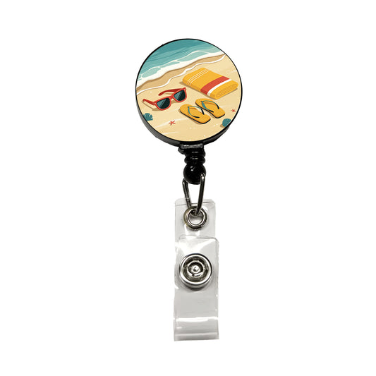Retro Style Sunglasses Flip Flops Towel On Sandy Beach Retractable ID Key Card Name Tag Badge Holder with Clip
